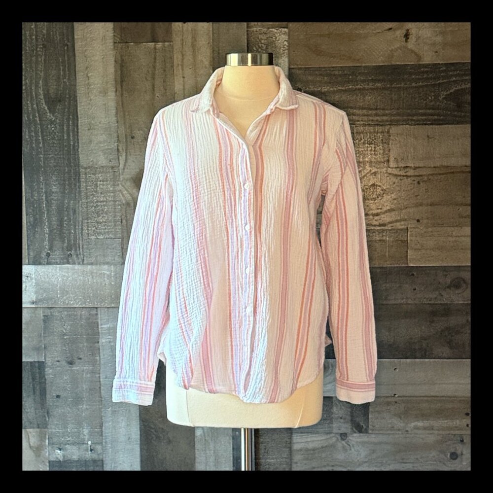 Lucky Brand textured button up shirt medium pastel stripes coastal cowgirl boho